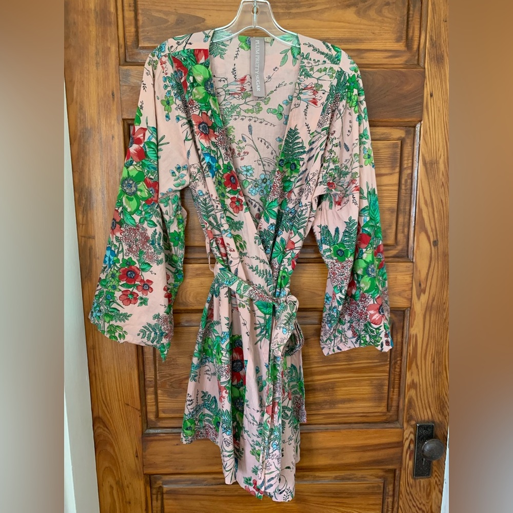 Plum Pretty Sugar Pink Floral Robe with Green & Red Accents